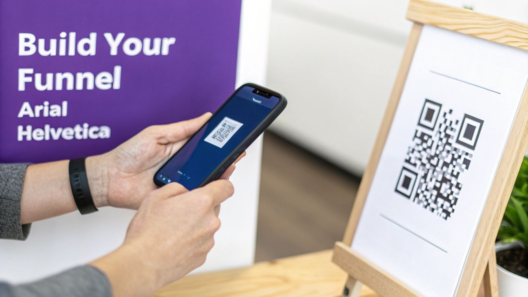 A person scans a QR code on an easel with a smartphone, next to a 'Build Your Funnel' sign.