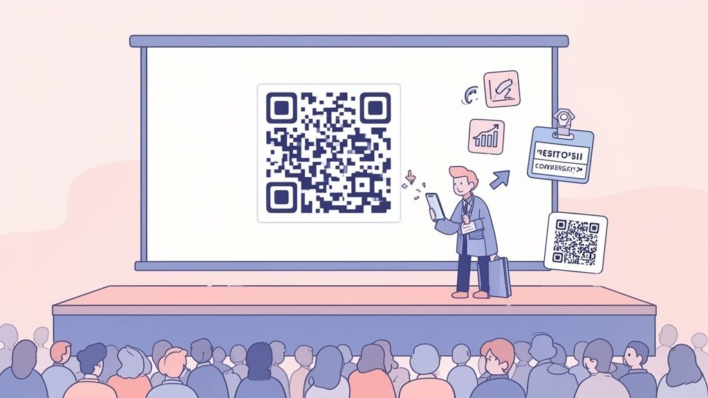 A businessman presenting a large QR code on a screen to an audience, with related tech graphics.