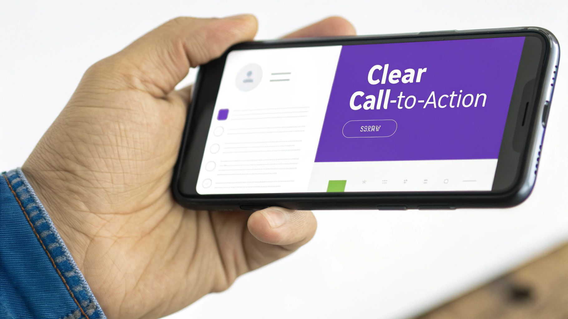 A hand holds a smartphone displaying a 'Clear Call-to-Action' webpage design with a purple section.