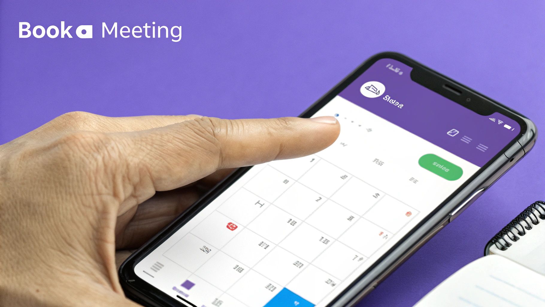 A hand taps a smartphone screen displaying a calendar app for booking meetings.