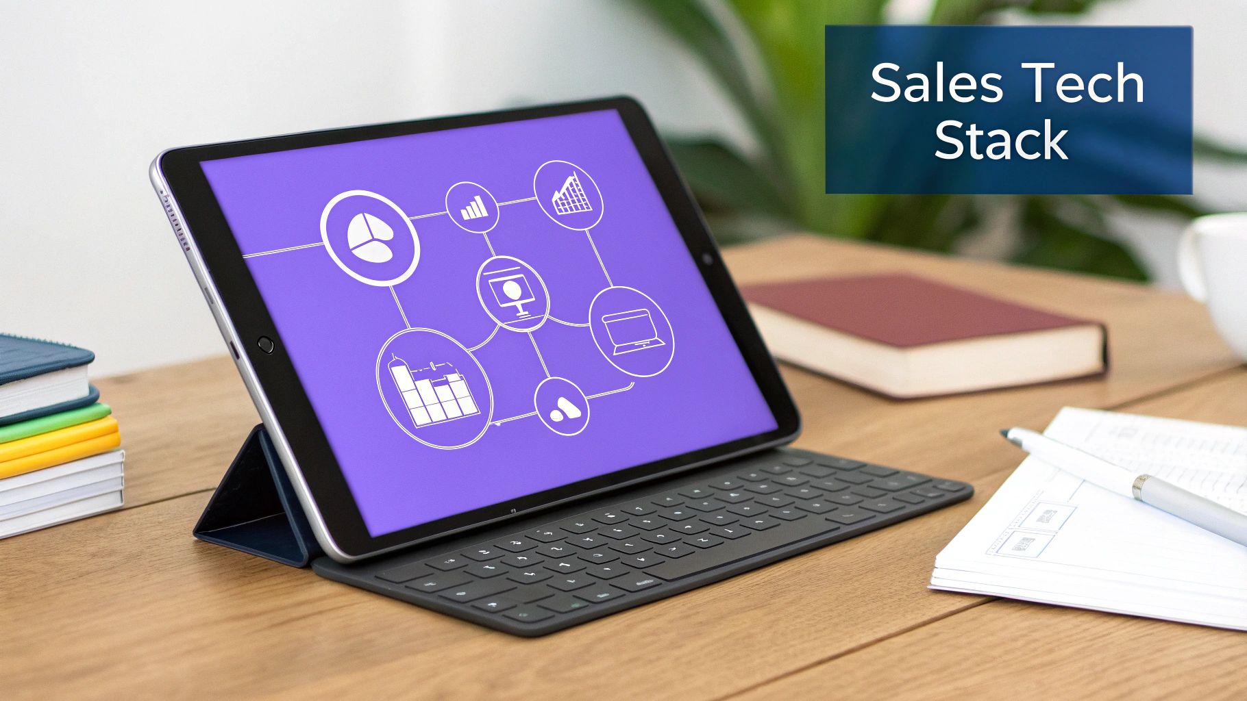 A tablet on a wooden desk displays a diagram of interconnected sales technology tools and processes.