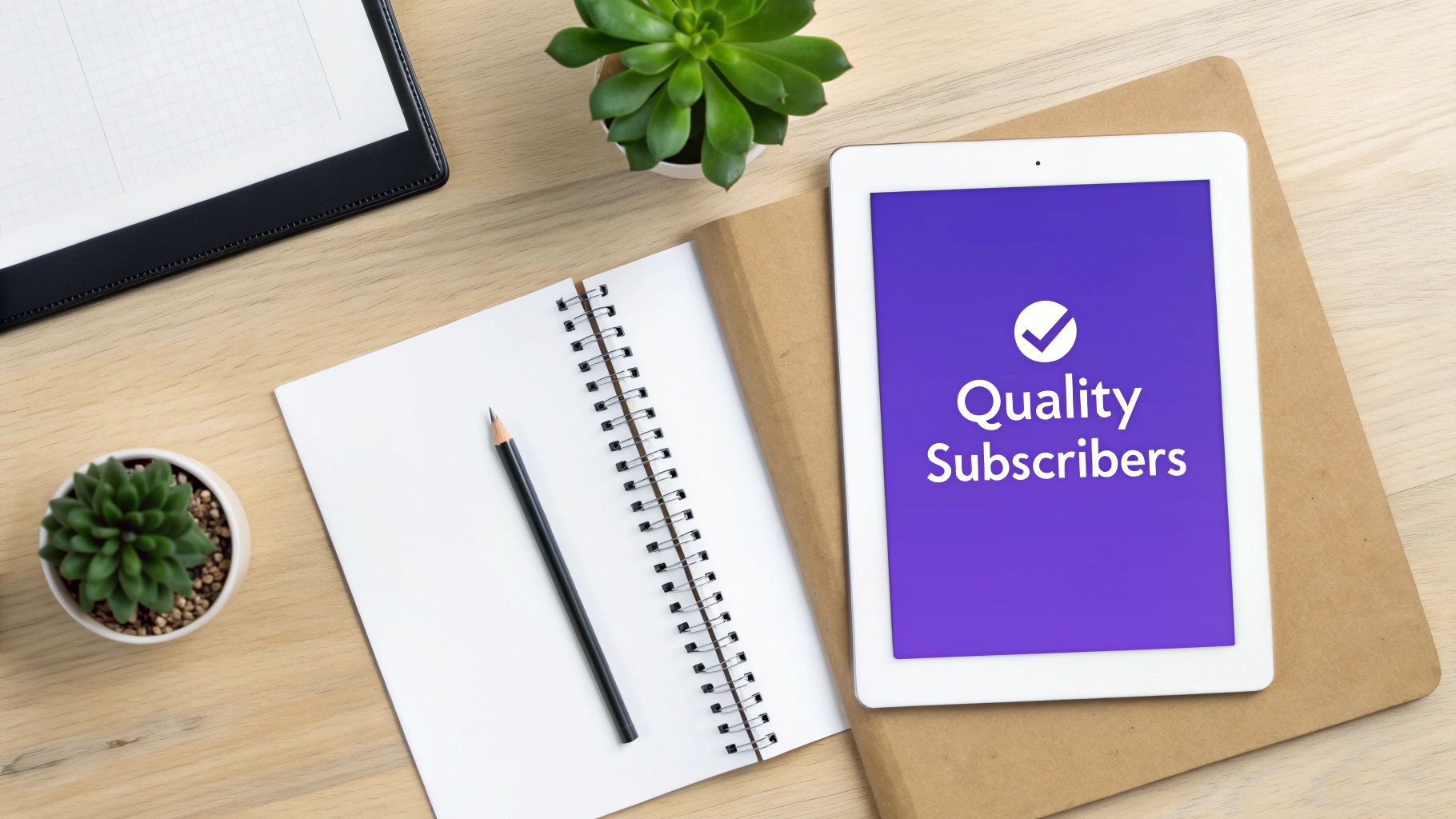 Overhead view of a modern desk with a tablet displaying 'Quality Subscribers', a notebook, and plants.