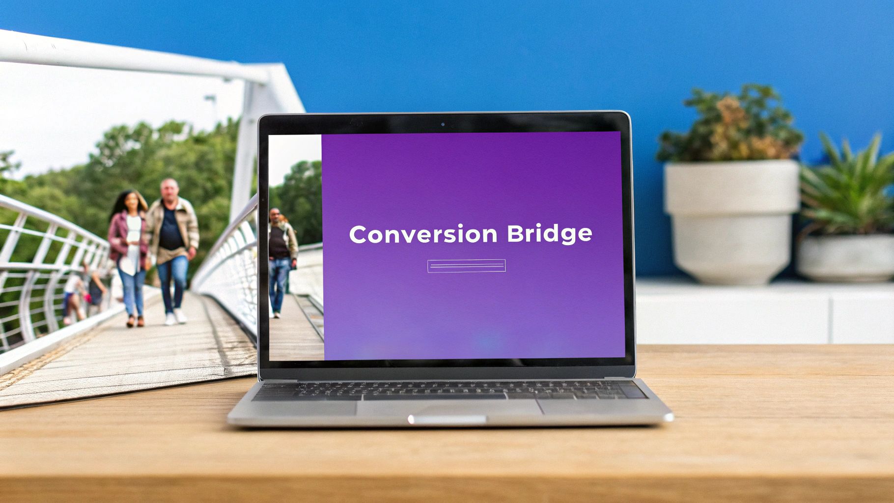 A silver laptop on a wooden table with a purple screen displaying "Conversion Bridge" and people on a bridge.