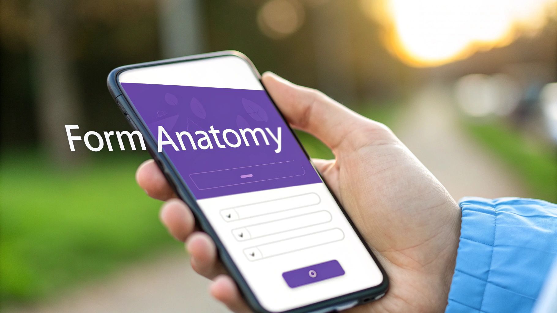 A hand holds a smartphone displaying a 'Form Anatomy' screen with input fields, outdoors.