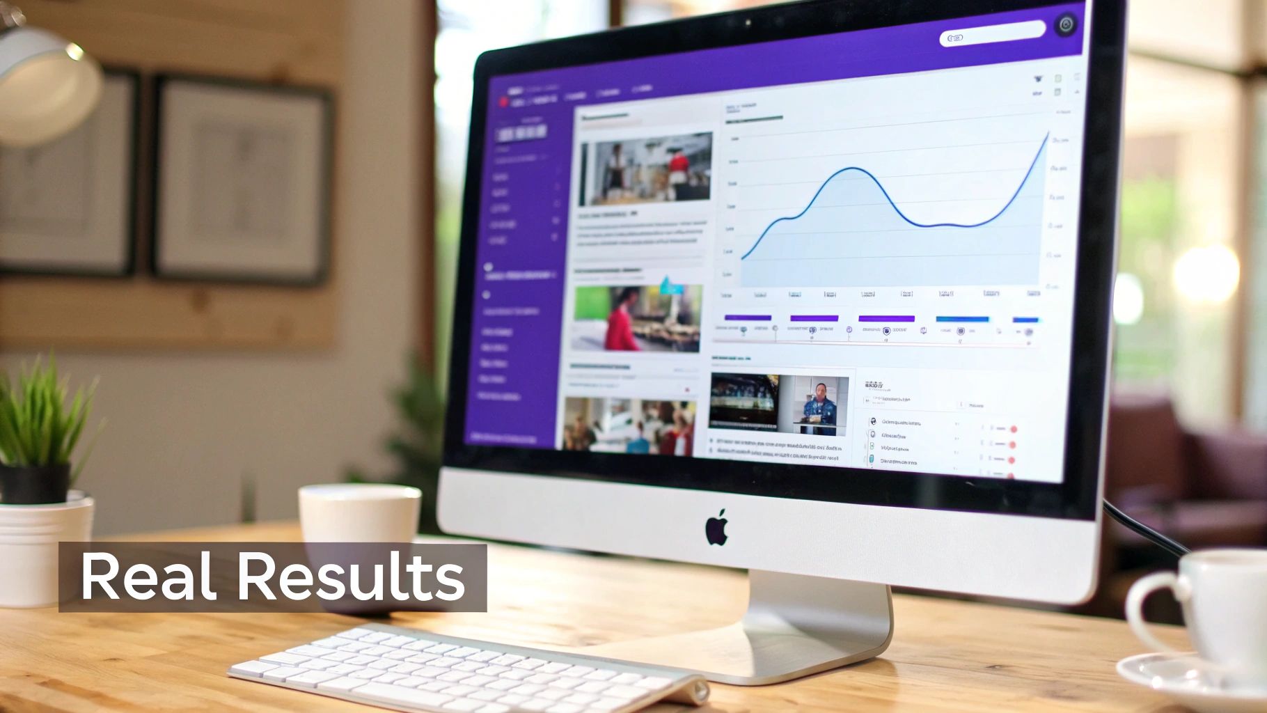 An Apple iMac displaying a business analytics dashboard with graphs and images on a wooden desk.