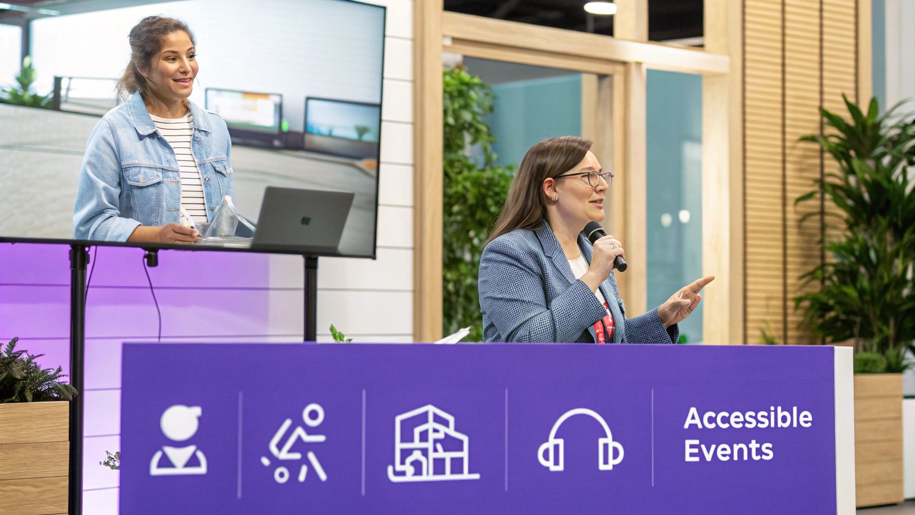 Two women presenting at a conference; one virtually on a screen, the other speaking into a microphone. A sign for 'Accessible Events' is in the foreground.