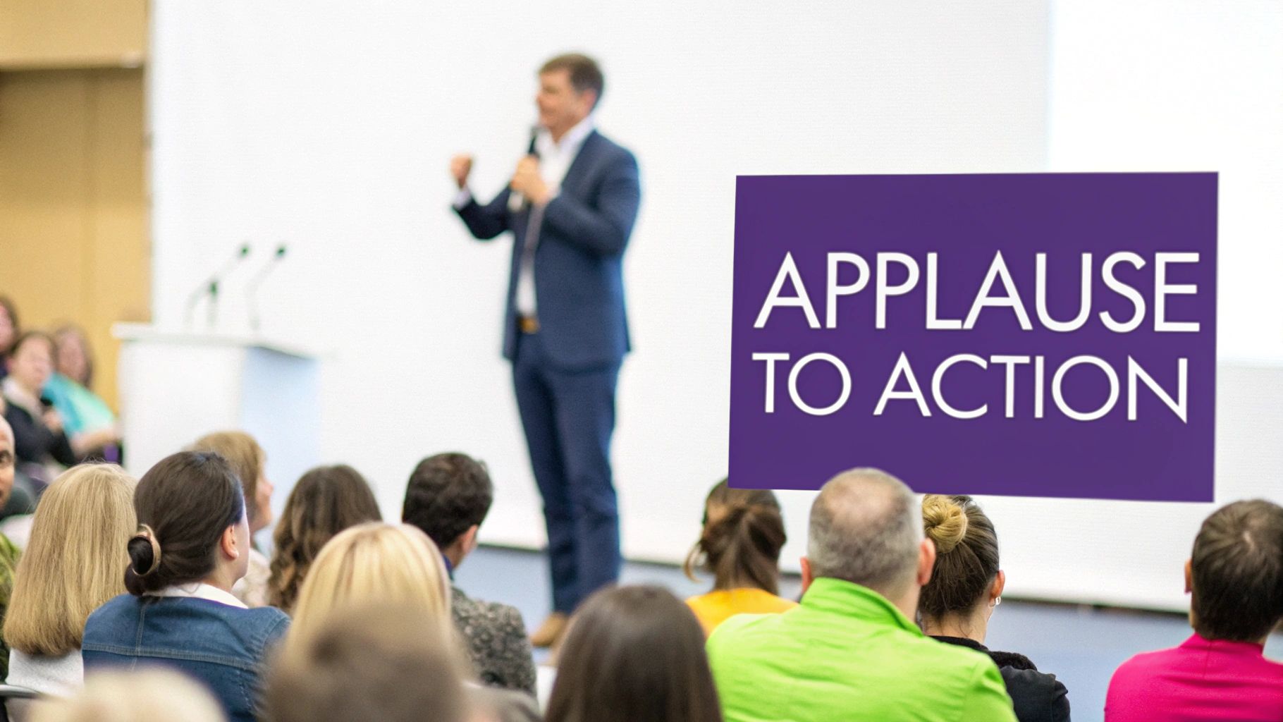 A professional speaker addresses an engaged audience with a 'APPLAUSE TO ACTION' sign at a conference.