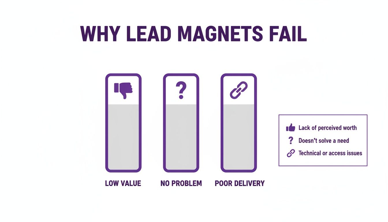 Infographic showing three main reasons why lead magnets fail: low value, no problem, and poor delivery.