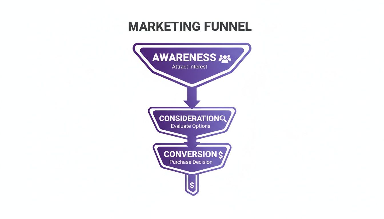A purple gradient marketing funnel diagram illustrating awareness, consideration, and conversion stages with icons.