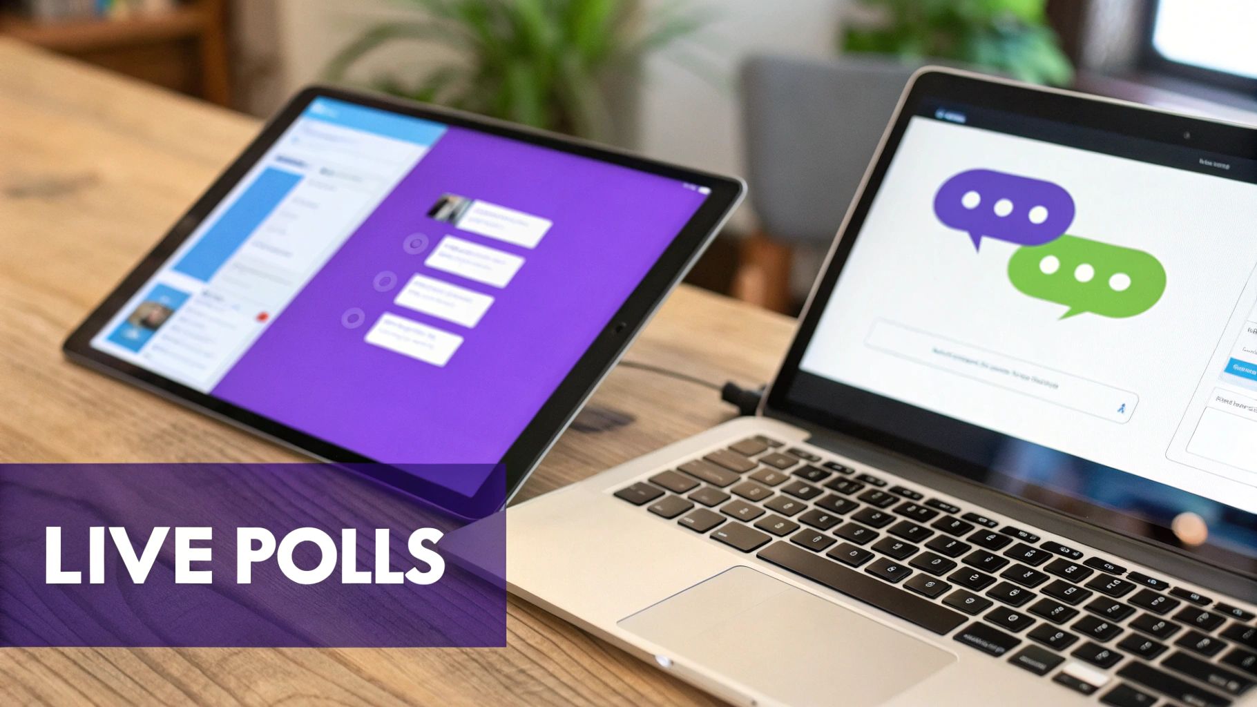 A tablet and laptop on a wooden desk displaying "Live Polls" interfaces, ideal for virtual events.