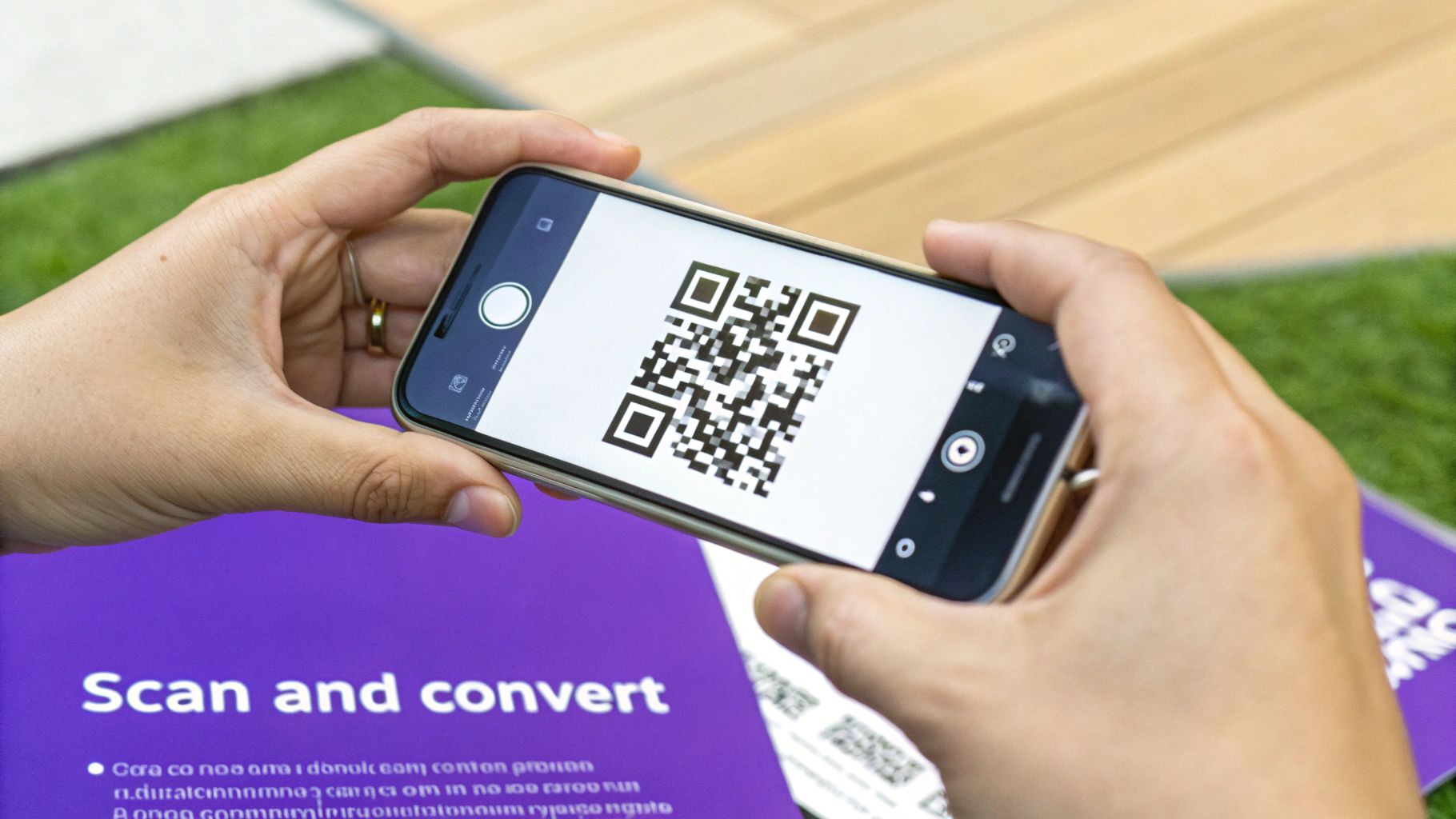 Hands holding a smartphone, using its camera to scan a QR code from a purple document.