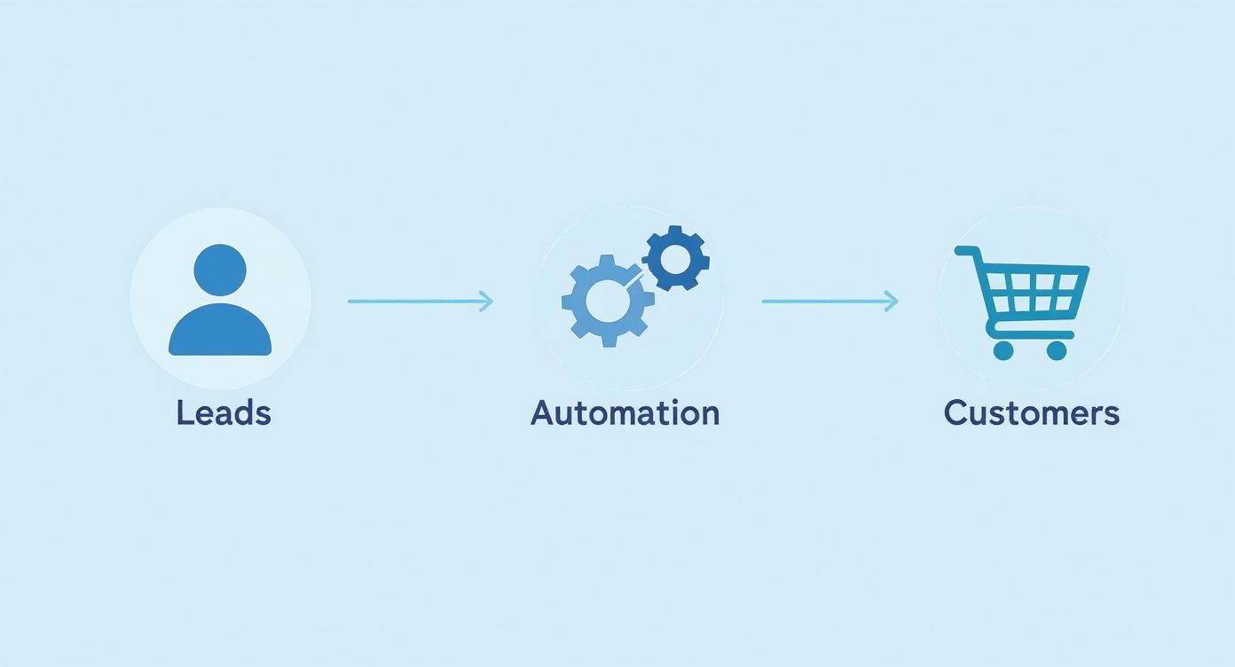 A blue diagram illustrating the customer journey from leads through automation to customers, using icons.