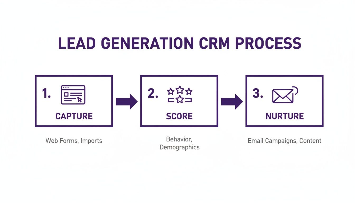 A three-step lead generation CRM process: Capture, Score, and Nurture with examples.