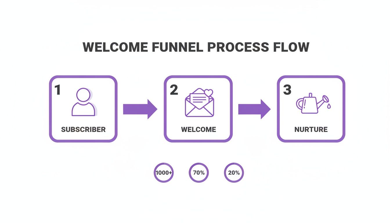 A welcome funnel process flow showing subscriber, welcome, and nurture stages with metrics 1000+, 70%, 20%.
