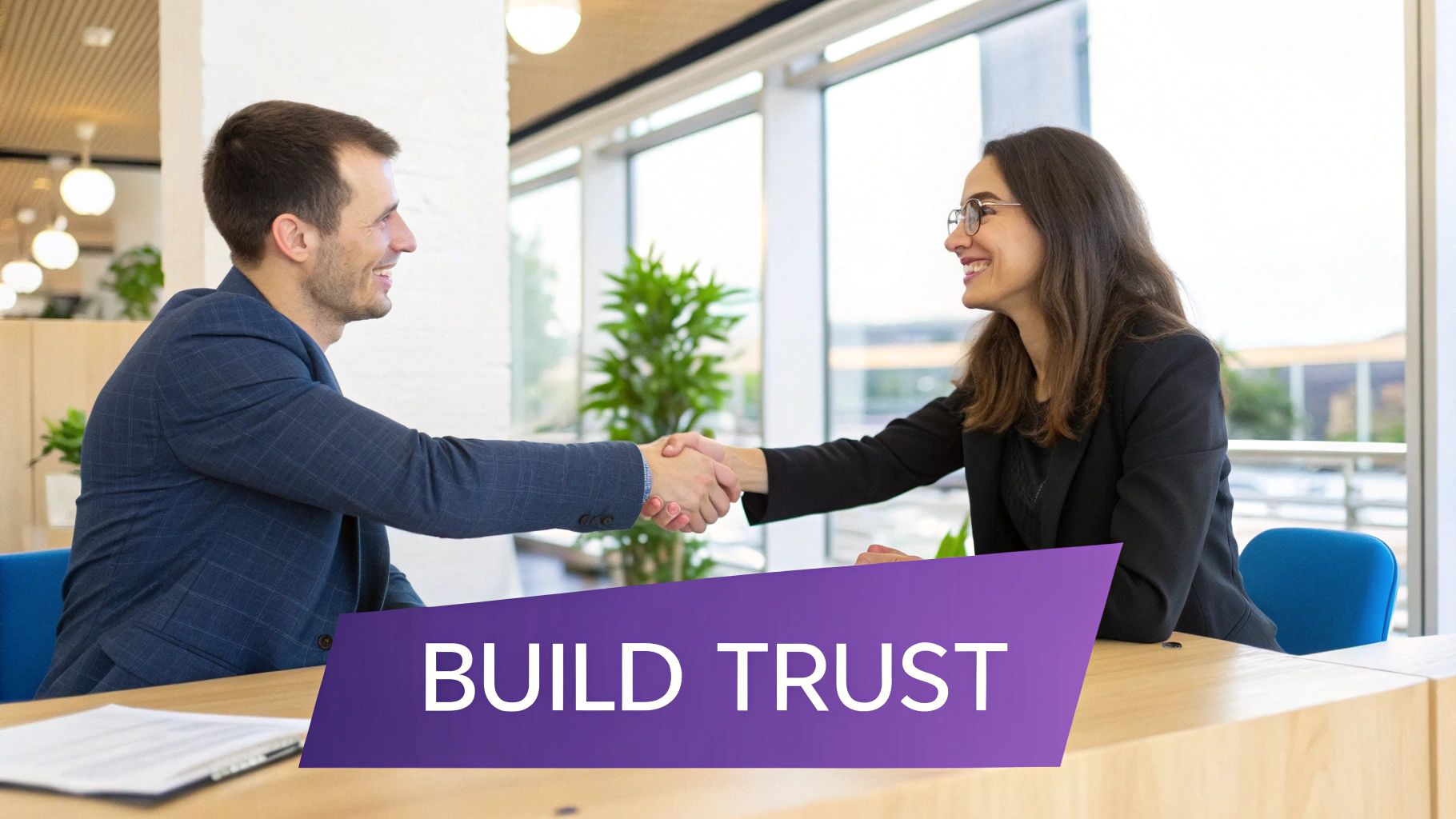 A business professional shaking hands with a client in a modern office, symbolizing a strong, trust-based relationship.