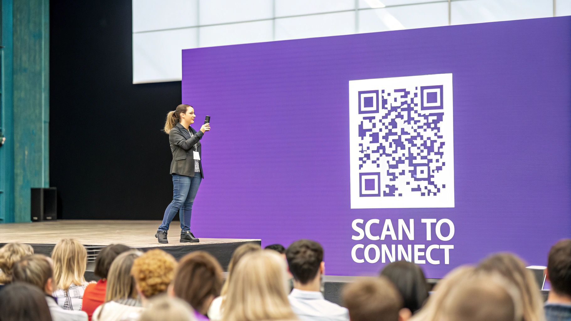 Speaker presenting large QR code on purple banner to audience at conference event