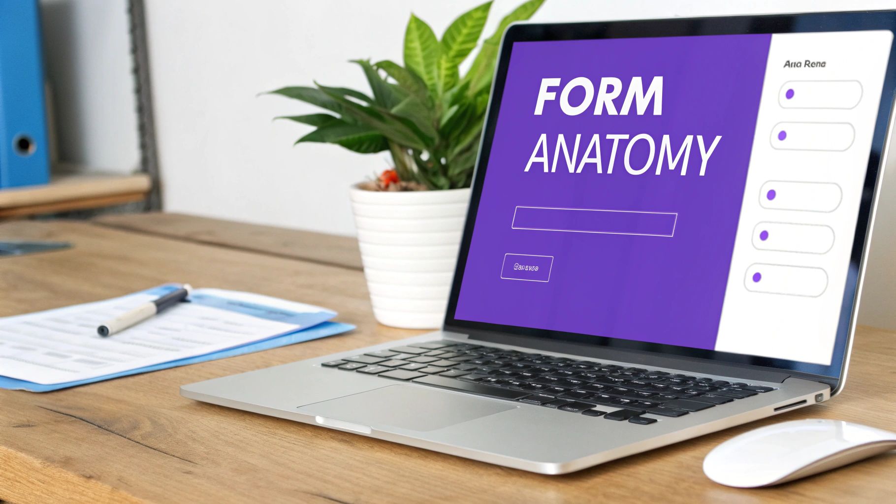 A laptop screen displays 'Form Anatomy' with input fields, on a desk with a plant and papers.