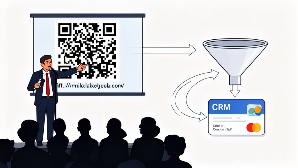 An event speaker displays a QR code, showing data flow from audience scans to a CRM system.