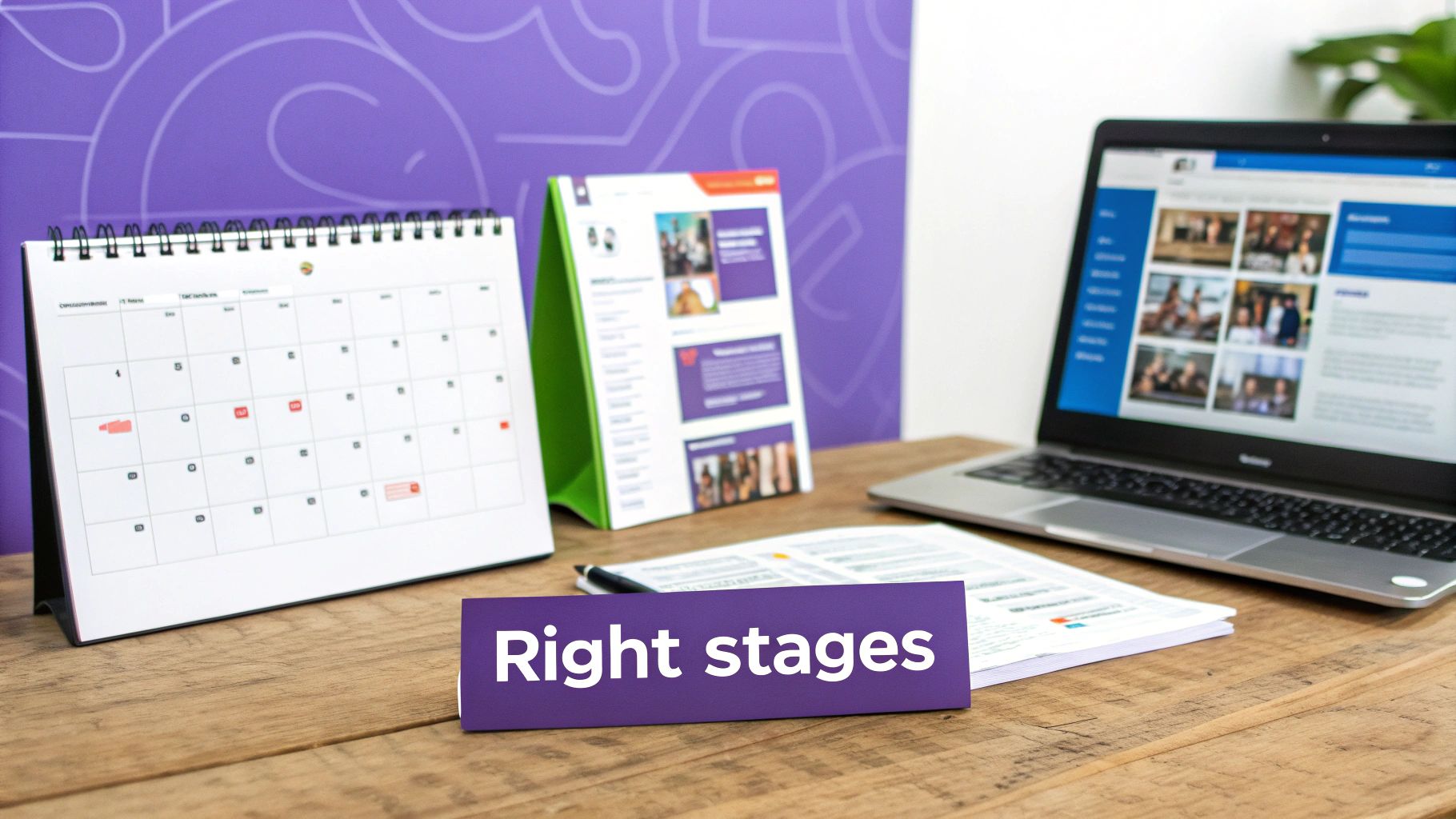 A professional workspace featuring a desk calendar, a brochure, a laptop displaying images, and a "Right stages" sign.