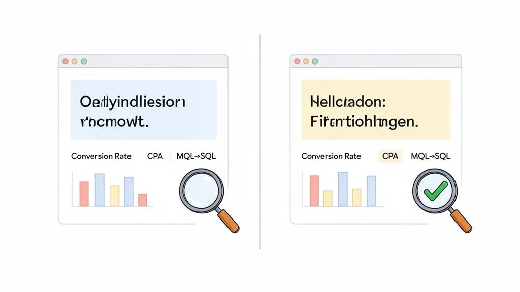 Two browser windows compare landing page performance metrics, illustrating unoptimized versus optimized results with graphs.