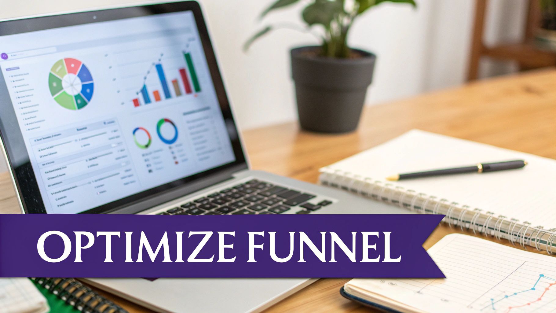Laptop displaying data analytics charts and graphs, with a notebook, pen, and 'OPTIMIZE FUNNEL' banner.