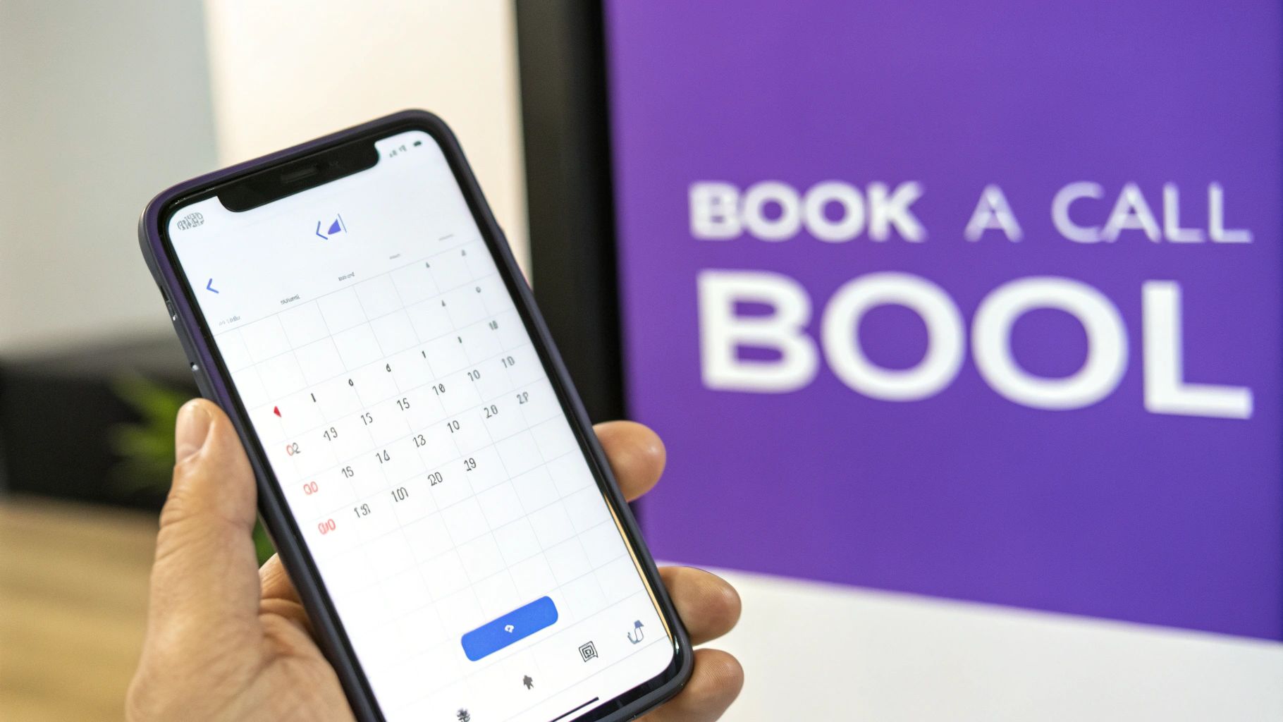 A hand holds a smartphone displaying a calendar for booking calls, with 'BOOK A CALL' on a purple background.