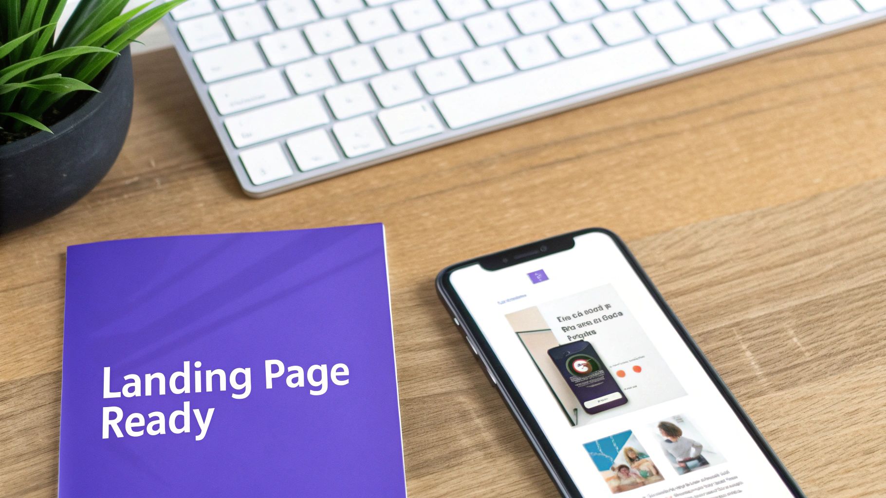 A 'Landing Page Ready' booklet and a smartphone displaying a webpage, alongside a keyboard and plant on a wooden desk.