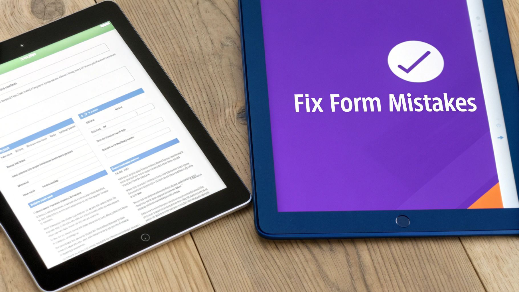 Two tablets on a wooden table, one showing a digital form and the other displaying 'Fix Form Mistakes' with a checkmark.