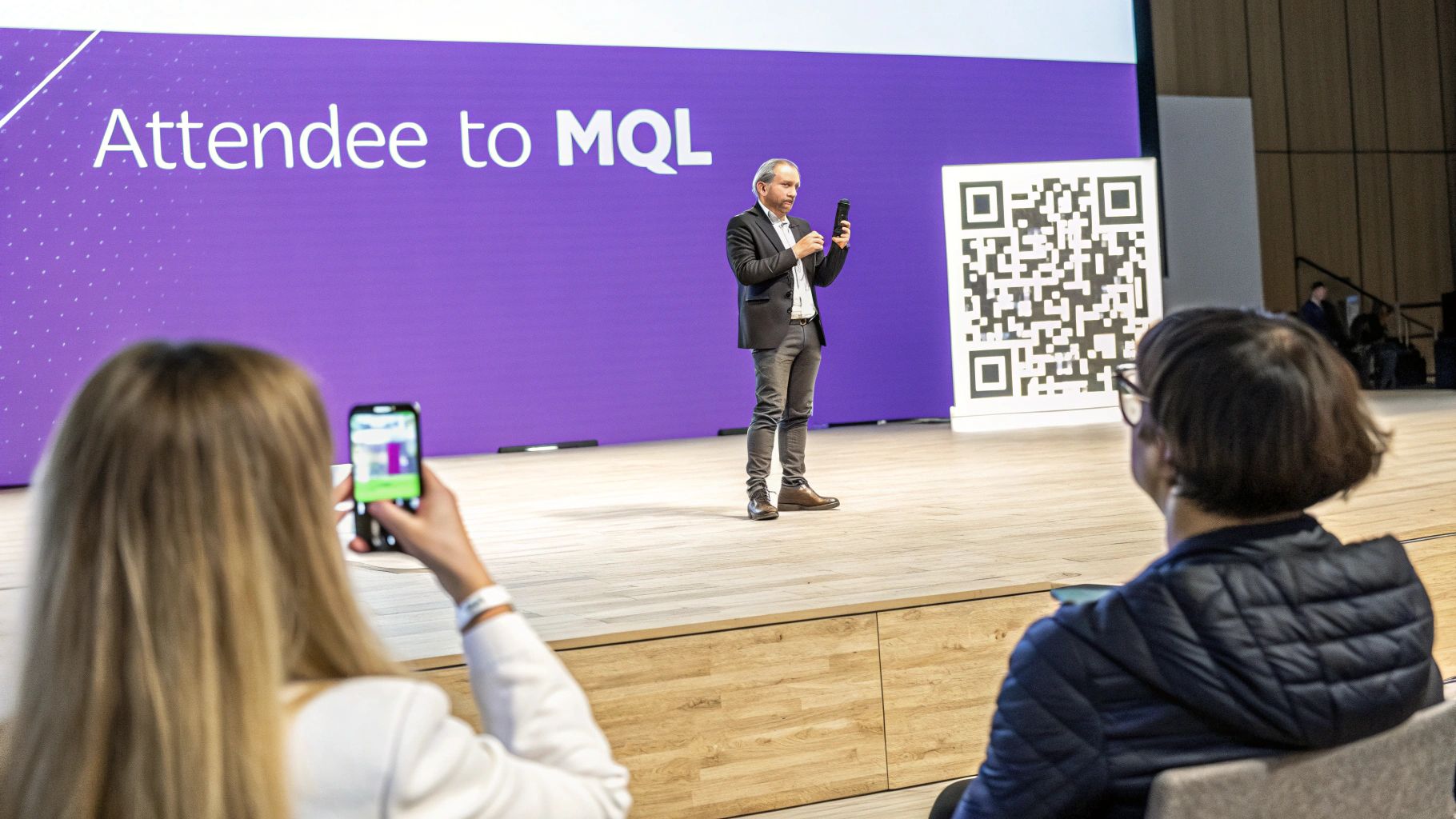 A presenter on stage with a screen displaying 'Attendee to MQL' and a large QR code, an attendee photographs.
