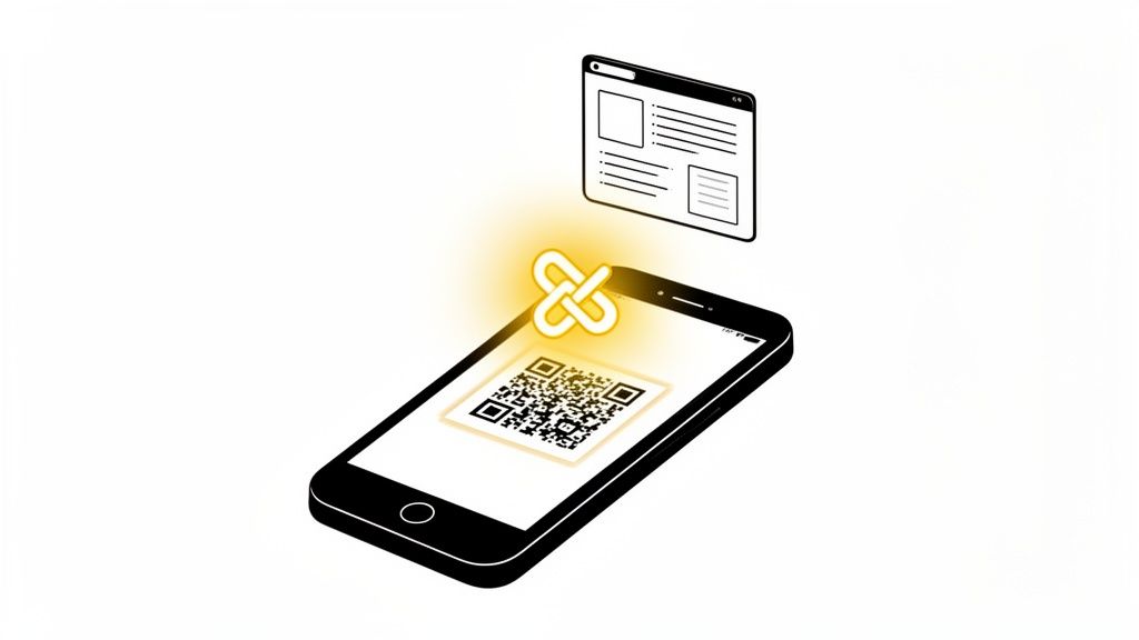 A smartphone displaying a QR code on its screen, connected by a glowing link icon to a web browser window.