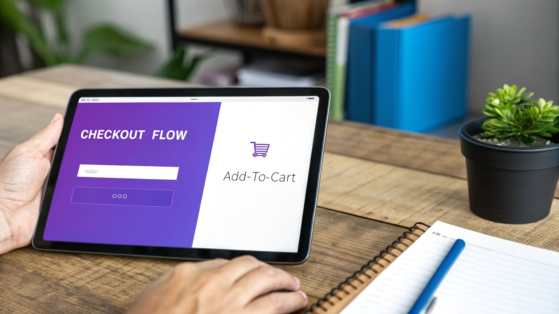 A person holds a tablet displaying an e-commerce checkout flow with an add-to-cart screen.