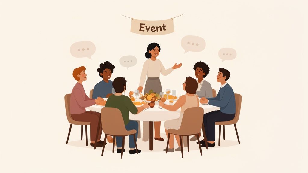 Illustration of diverse people gathering around a table with food, listening to a woman speaking at an event.