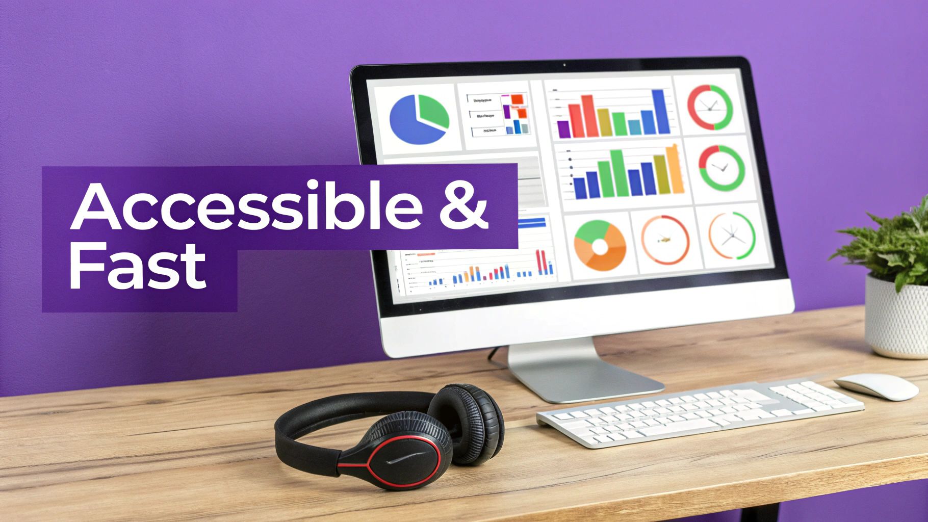 A desktop setup with a monitor displaying data visualizations, headphones, keyboard, and mouse, with text 'Accessible & Fast'.