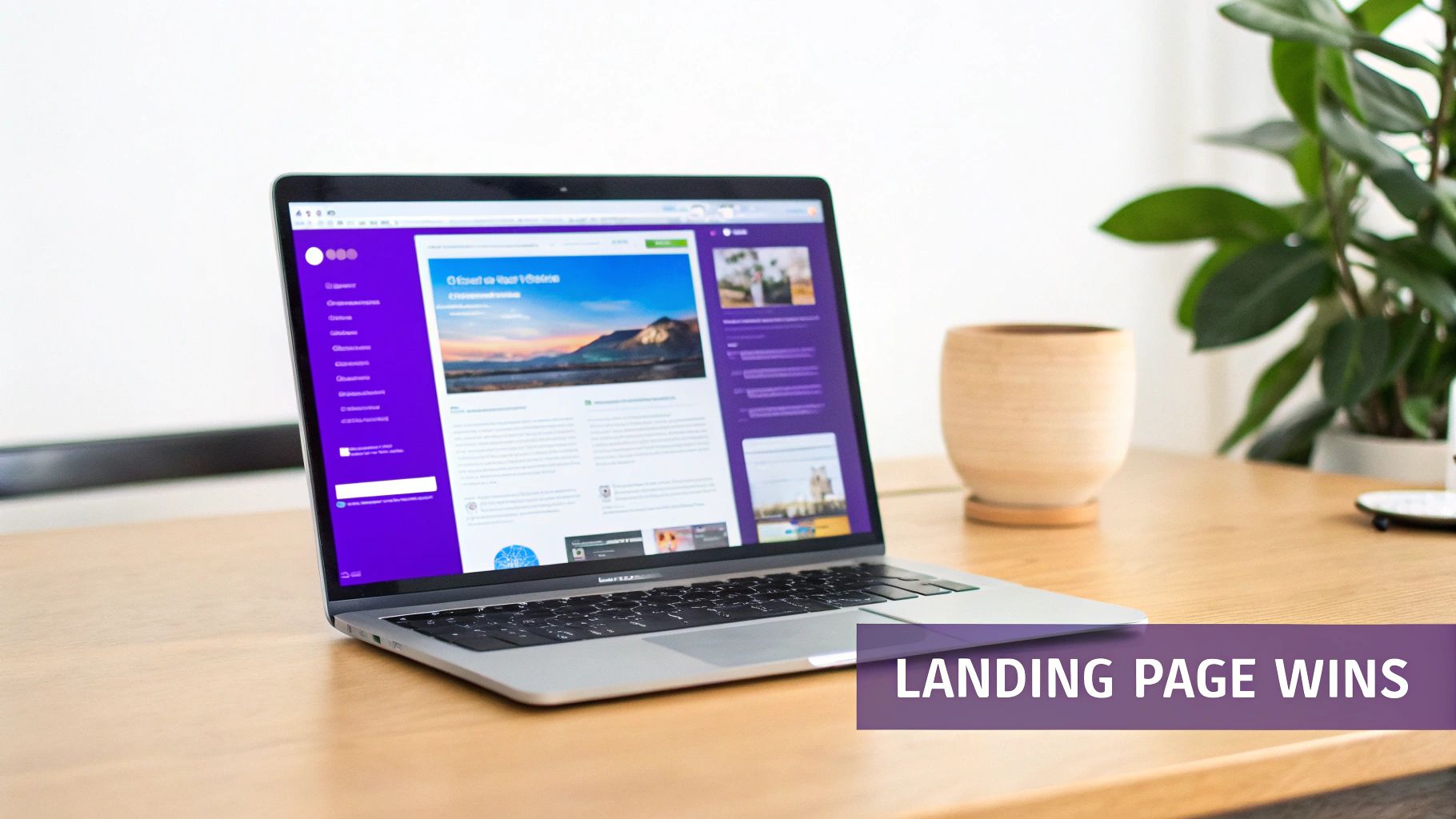 A modern laptop displays a creative website landing page with a purple theme and scenic image.