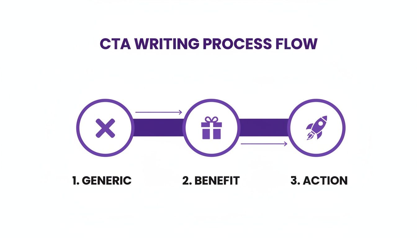 Diagram illustrating the CTA writing process flow with steps: Generic, Benefit, and Action.