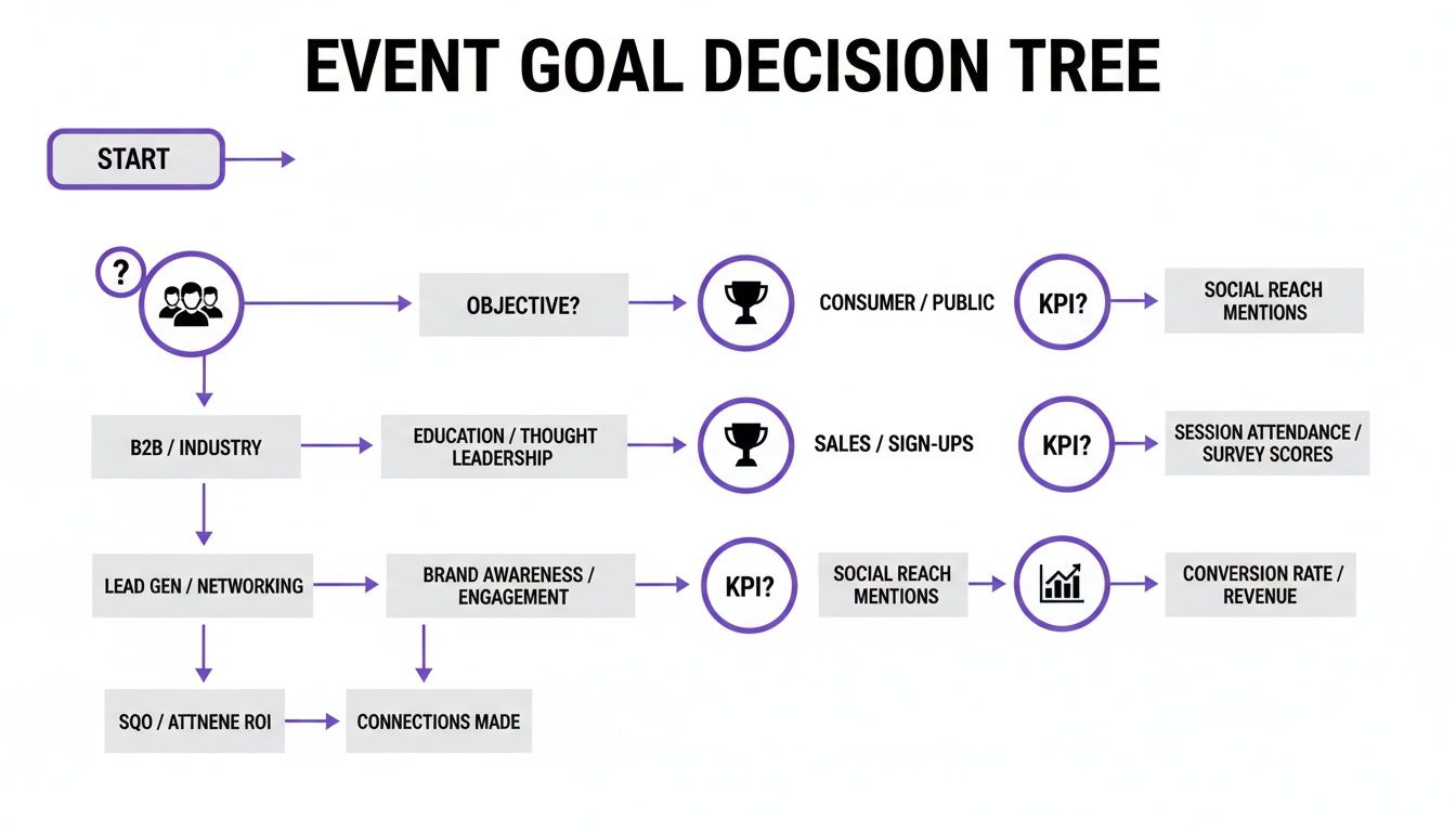 A decision tree illustrating event goals, objectives, and key performance indicators (KPIs) for different event types.