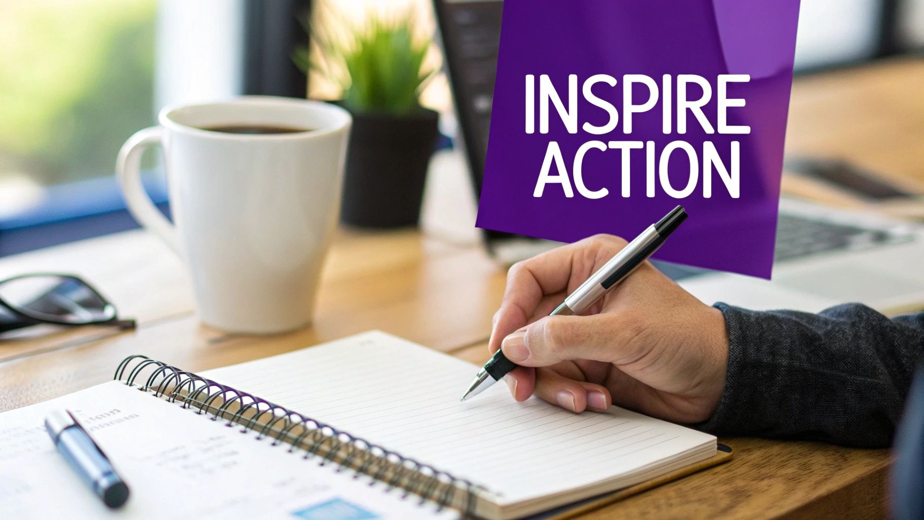 A person writing in a notebook with a laptop nearby, focusing on creating compelling content.