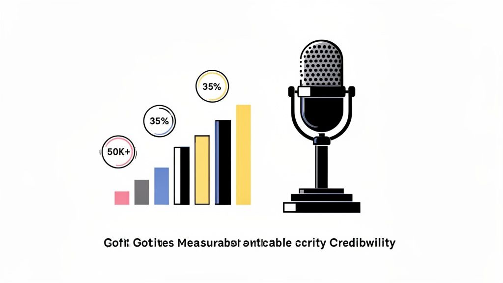 An infographic featuring a bar graph with data points like 50K+ and 35%, alongside a vintage microphone.