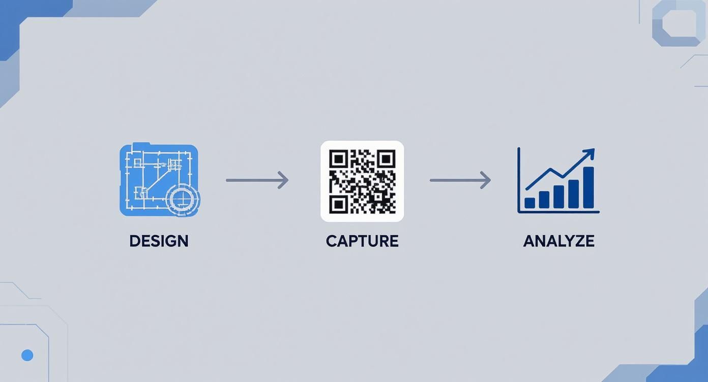 A three-step process diagram showing design, data capture via QR code, and analysis with a growth chart.