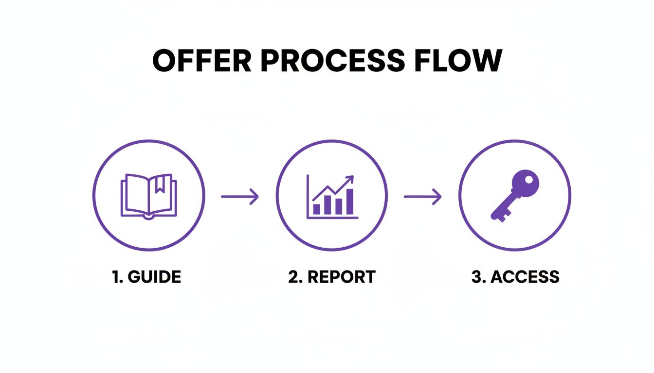 An infographic illustrating an offer process flow with three steps: 1. Guide, 2. Report, 3. Access, each with a relevant icon.