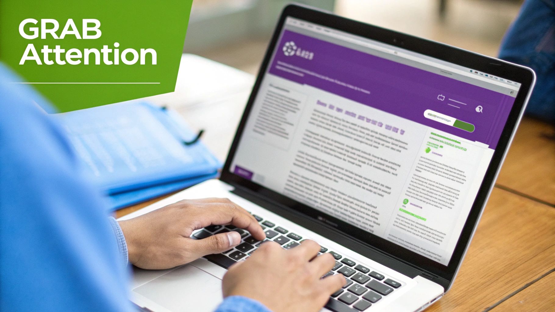 A person writing compelling copy on a laptop, with sticky notes on the wall showing different headline ideas.