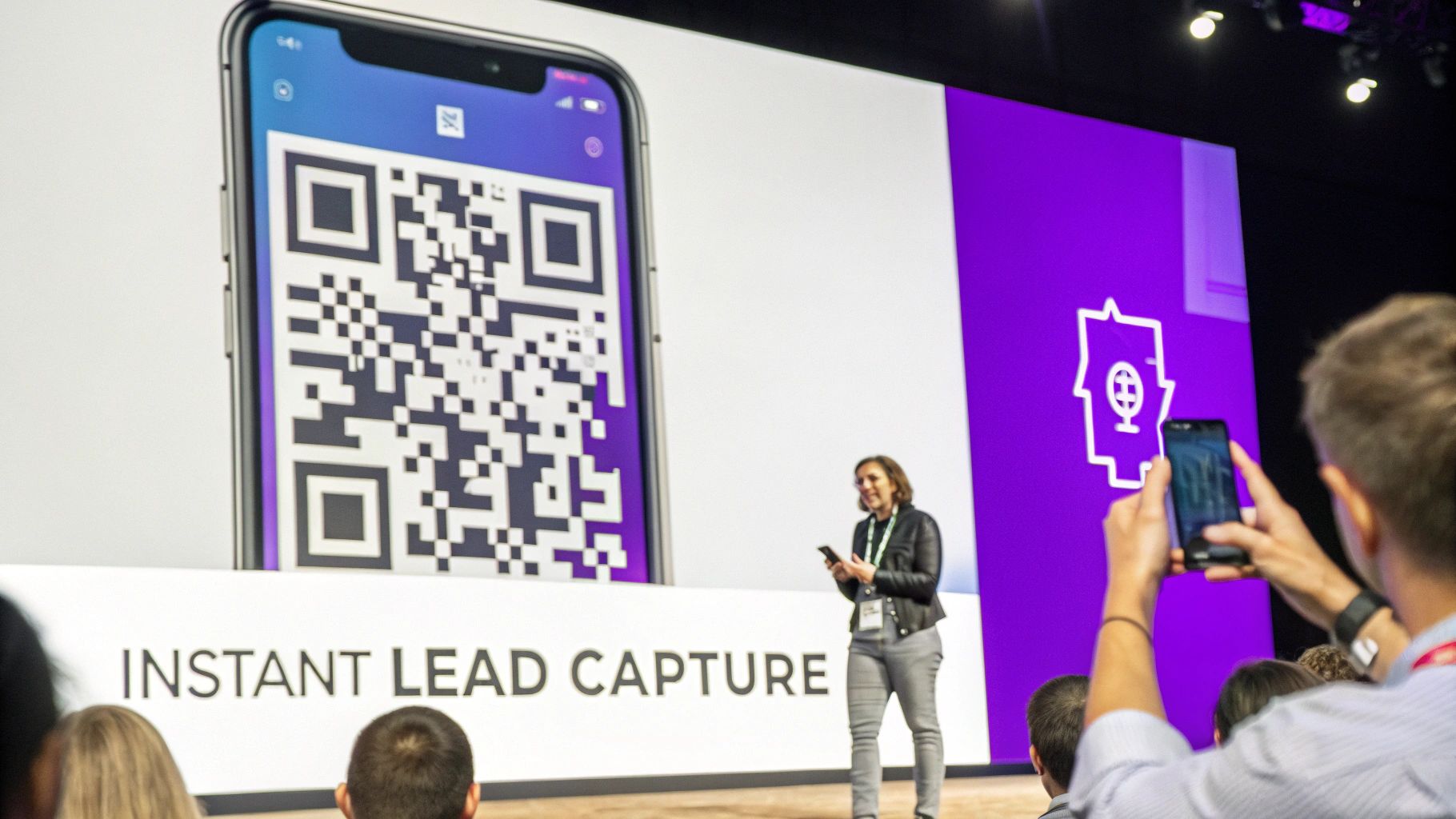 A presenter showcases a large screen displaying a QR code for instant lead capture at a conference event.
