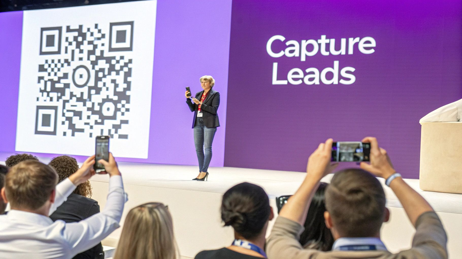 A presenter on stage displays a QR code and 'Capture Leads' to an audience taking photos.