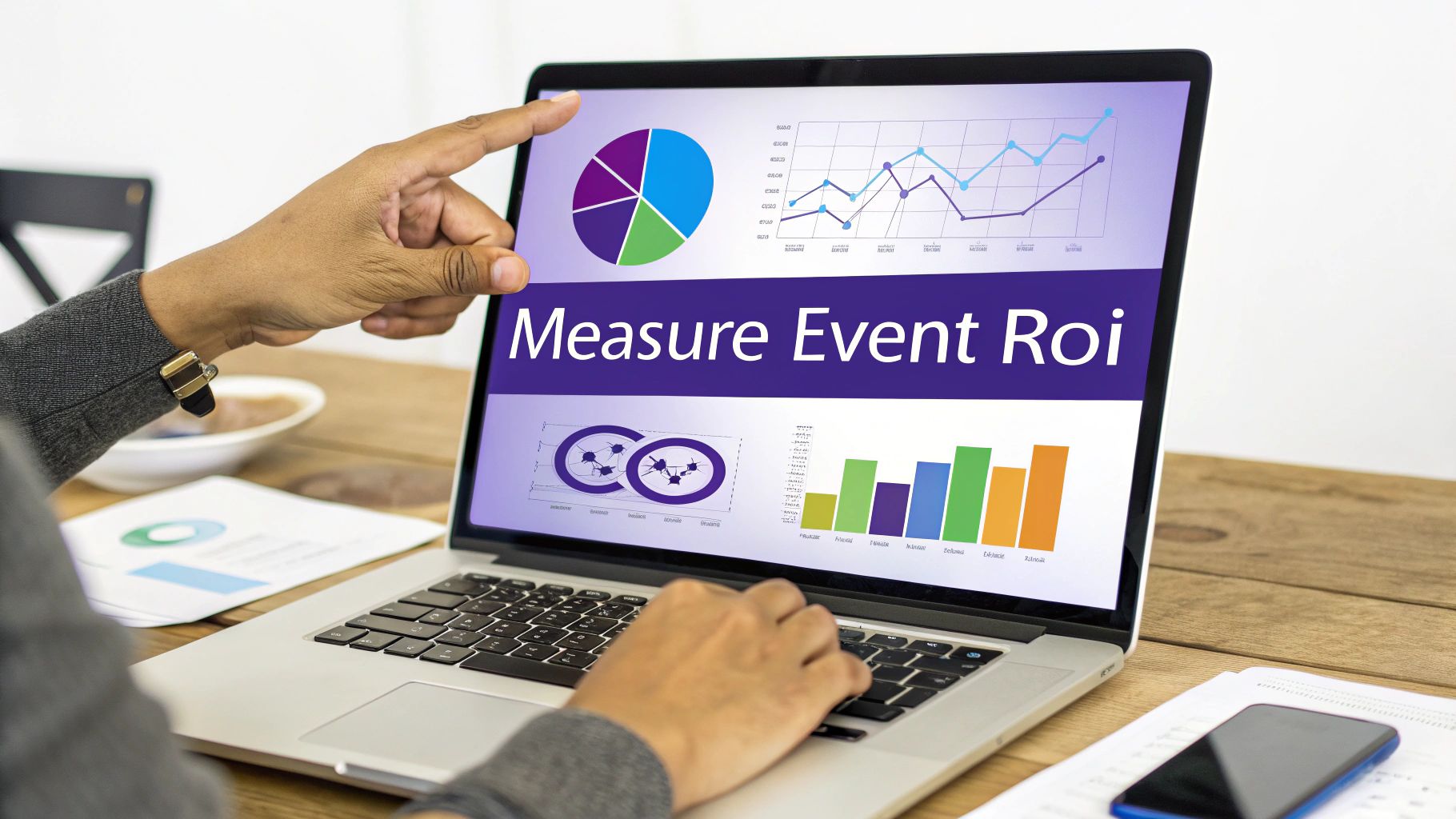 A person points at a laptop screen displaying 'Measure Event ROI' and various business analytics charts.