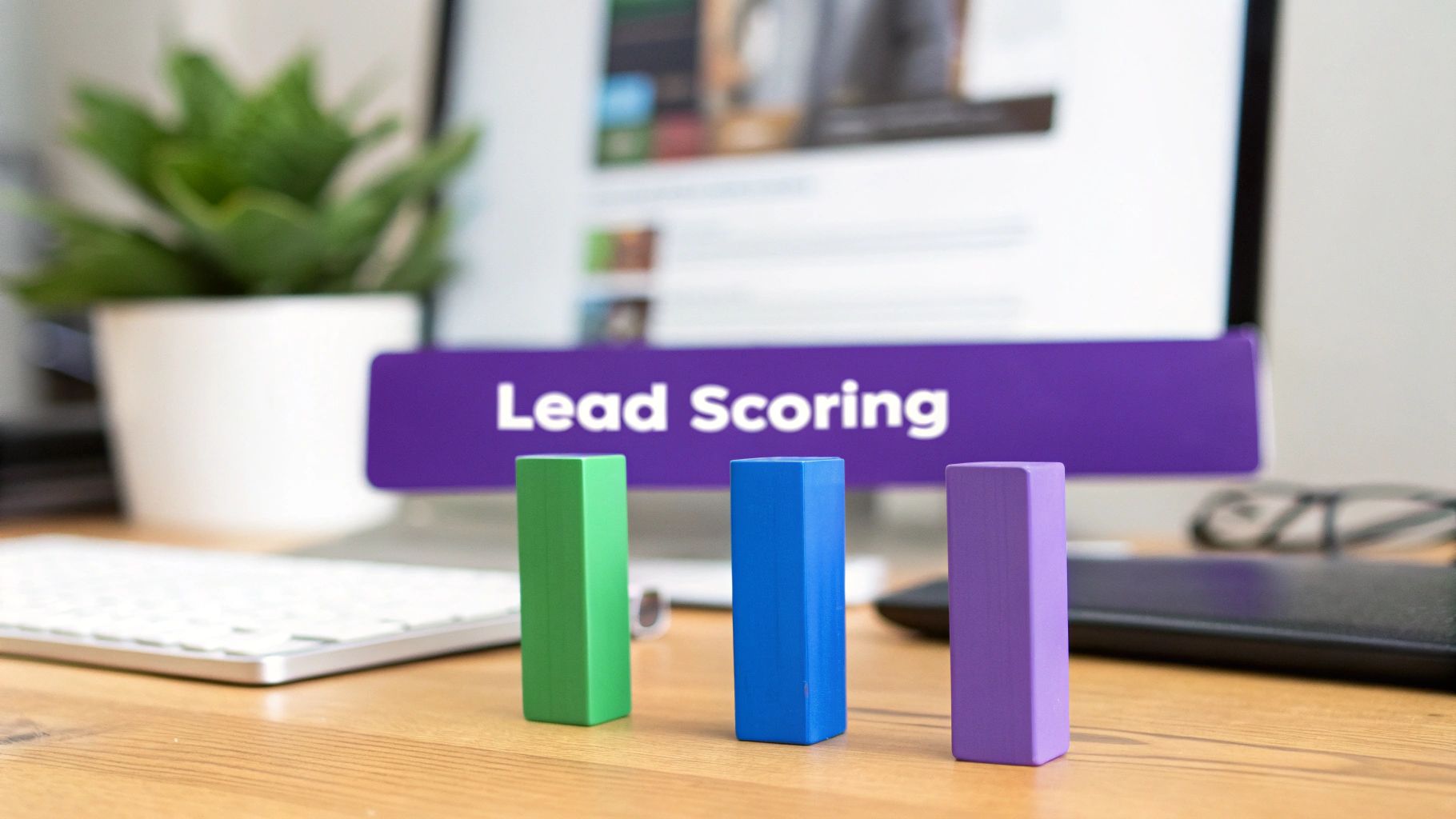 A desk with a computer displaying 'Lead Scoring', a plant, keyboard, and colorful blocks.