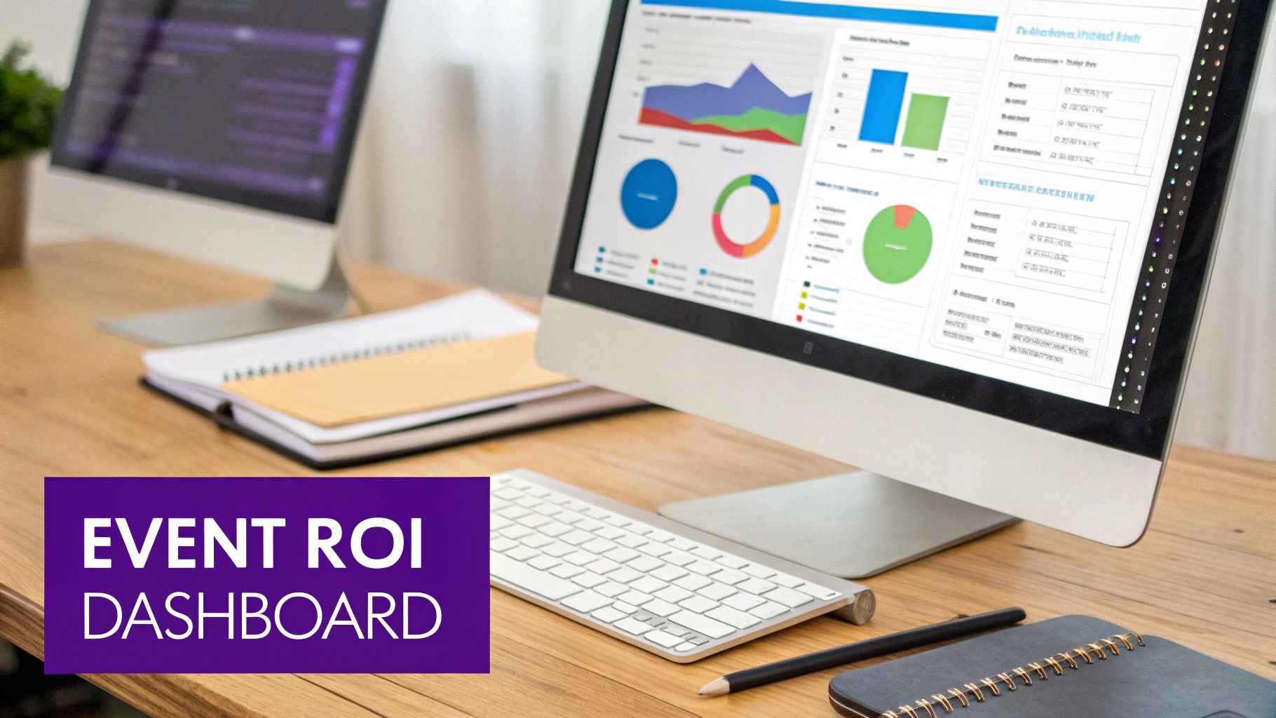 A computer monitor displays an event ROI dashboard with various charts and data, on a wooden desk with a keyboard and notebooks.