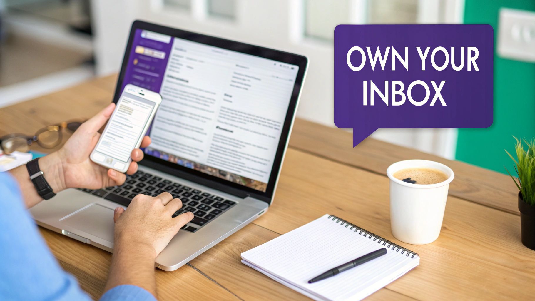 Person managing their inbox on a laptop and smartphone, with coffee and notebook on desk.