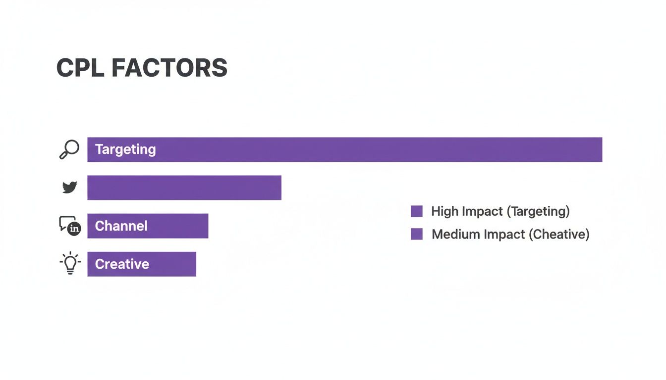 Bar chart showing Cost Per Lead factors like Targeting, Channel, and Creative, ranked by impact.