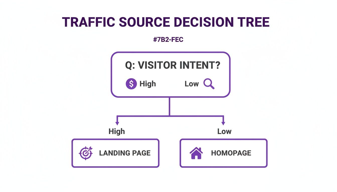 Decision tree illustrating traffic source strategy: high visitor intent leads to landing page, low intent to homepage.