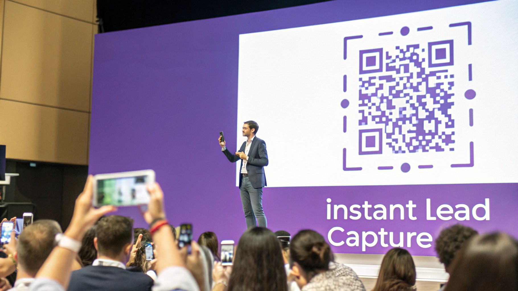 A speaker presents a QR code for "instant Lead Capture" to an audience holding phones.
